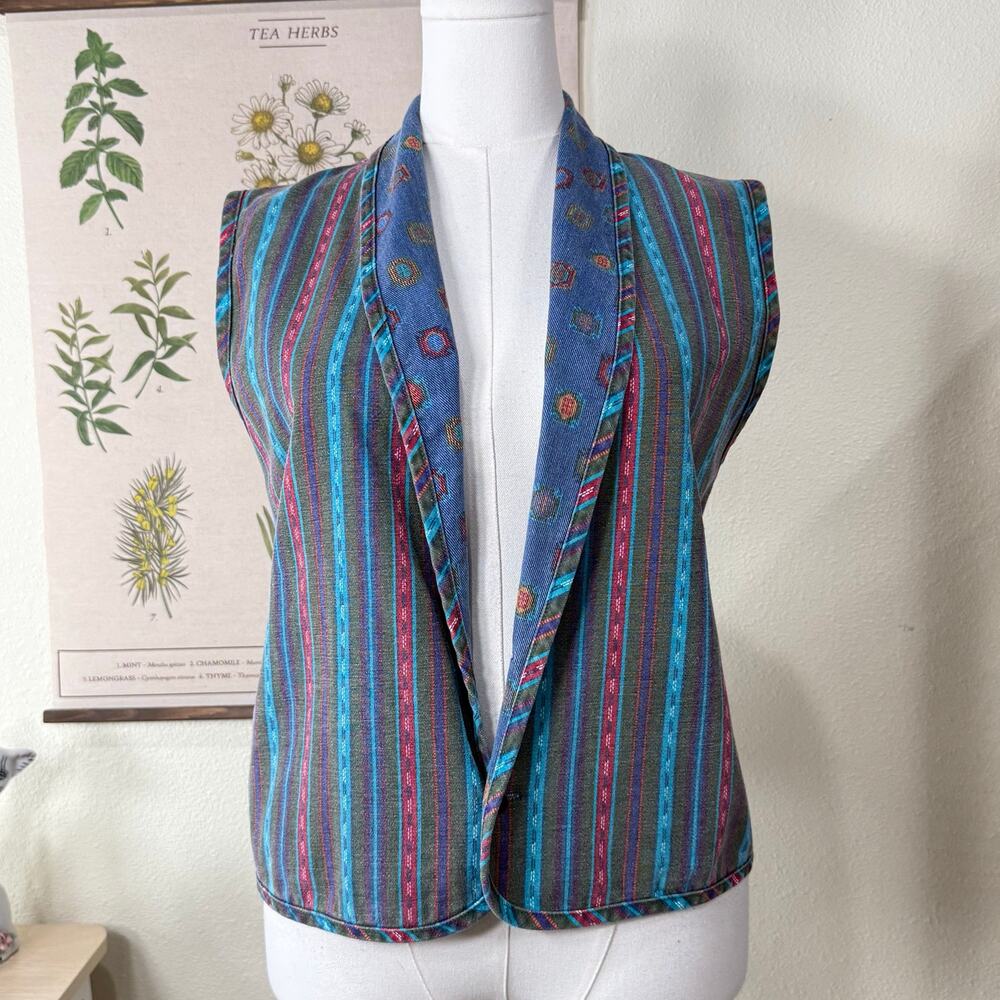 Vintage Reversible Denim Vest Southwestern Western Cowgirl Retro Prairie L XL